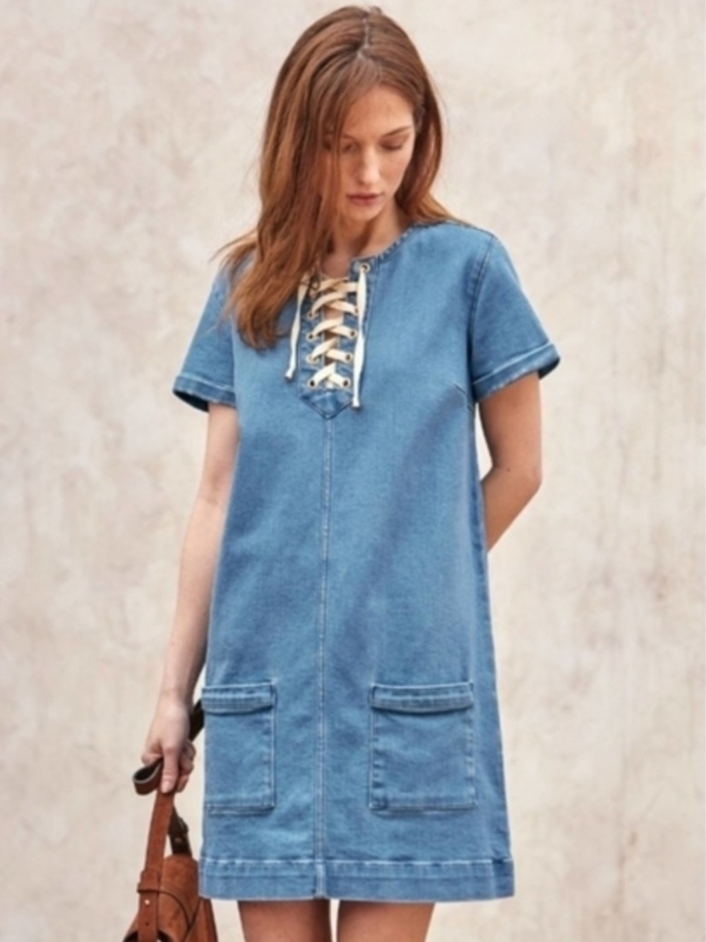 Sézane Giulia Denim Lace-Up Shift Dress Ecru EU 38 / US 6